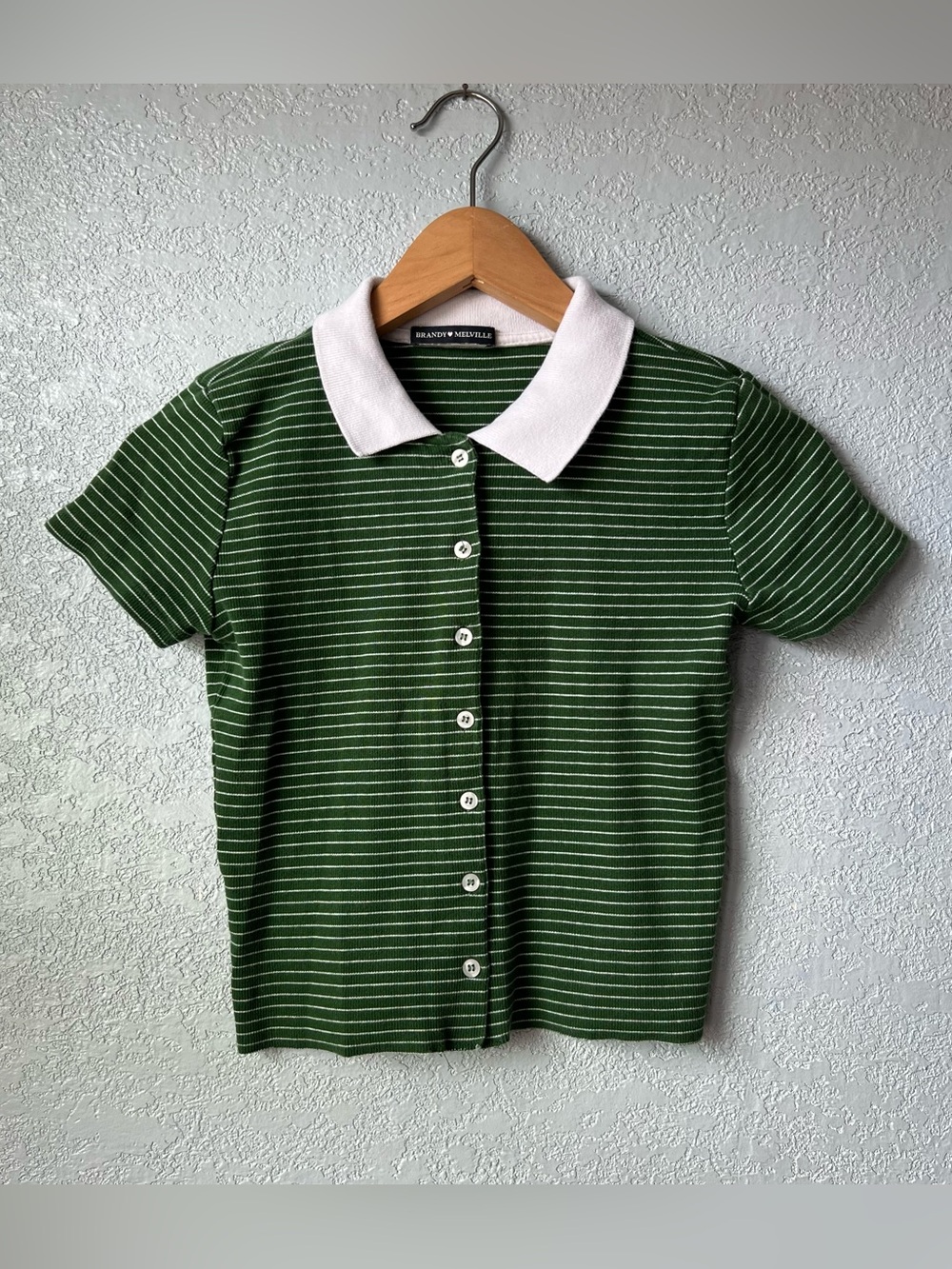 Brandy Melville Green White Striped Collared Button Front Polo Top Italy XS